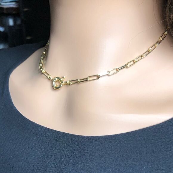 14k Gold Rectangle Link Toggle Choker Necklace - Picture 9 of 10